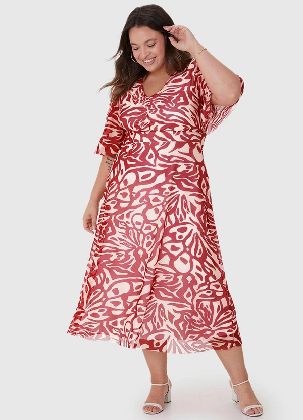 Malwee Plus - Vestido Vermelho Amplo Abstrato em Tule 3