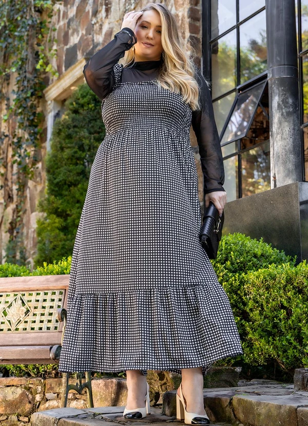 Vestido Xadrez Malha Jersey Acetinado Camisa Xadrez Social Plus