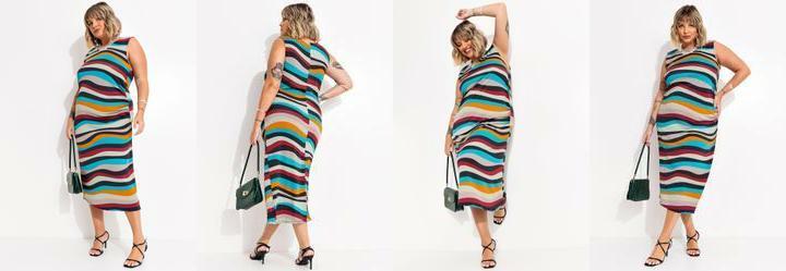 Vestido Listrado Irregular em Malha com Elastano
