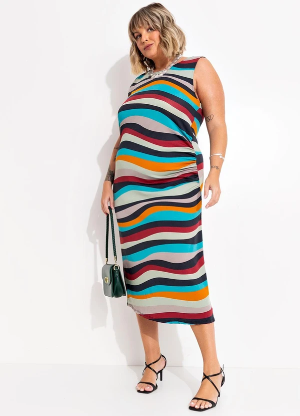 Marguerite - Vestido Listrado Irregular em Malha com Elastano