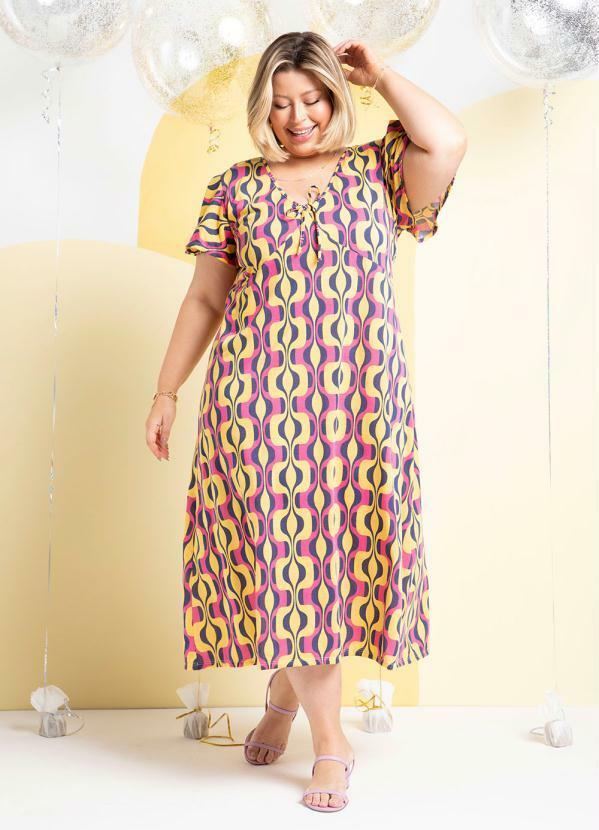 Vestido (Abstrato) com Mangas Amplas Plus Size