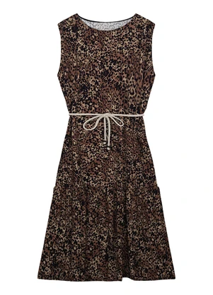 Malwee - Vestido Animal Print Mídi com Amarração Marrom - MALWEE