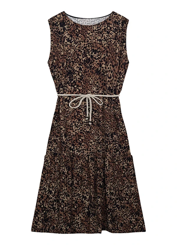 Malwee - Vestido Animal Print Mídi com Amarração Marrom