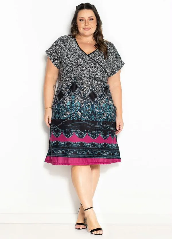 Marguerite - Vestido Arabescos Preto com Transpasse Plus Size 4