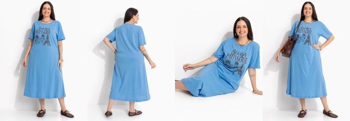 Vestido Azul Claro T-Dress com Estampa de Cafeteria