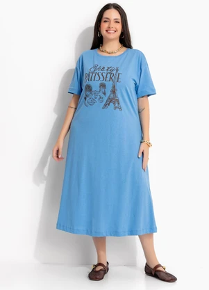 Marguerite - Vestido Azul Claro T-Dress com Estampa de Cafeteria - MARGUERITE