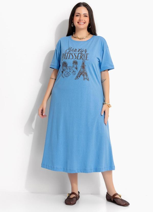Vestido Azul Claro T-Dress com Estampa de Cafeteria
