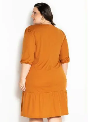 Marguerite - Vestido Caramelo com Franzido e Mangas Plus Size - MARGUERITE