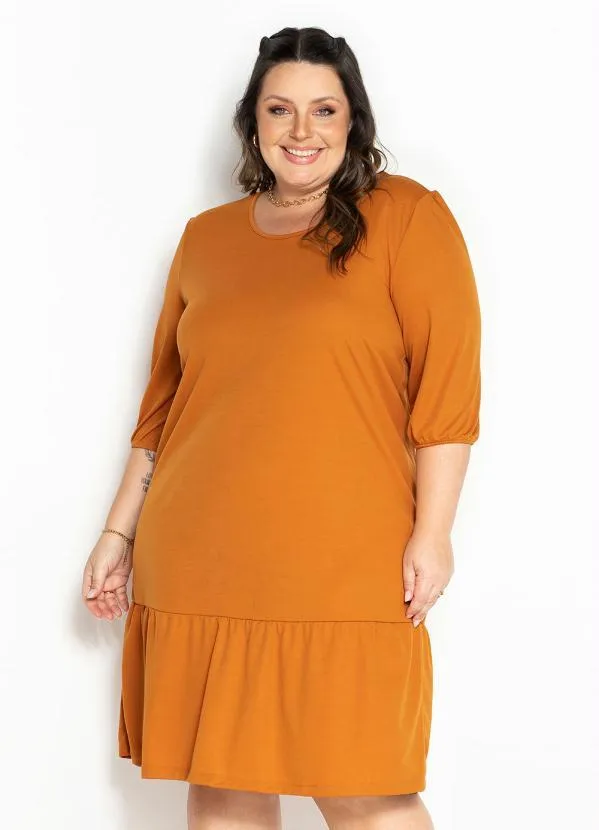 Marguerite - Vestido Caramelo com Franzido e Mangas Plus Size