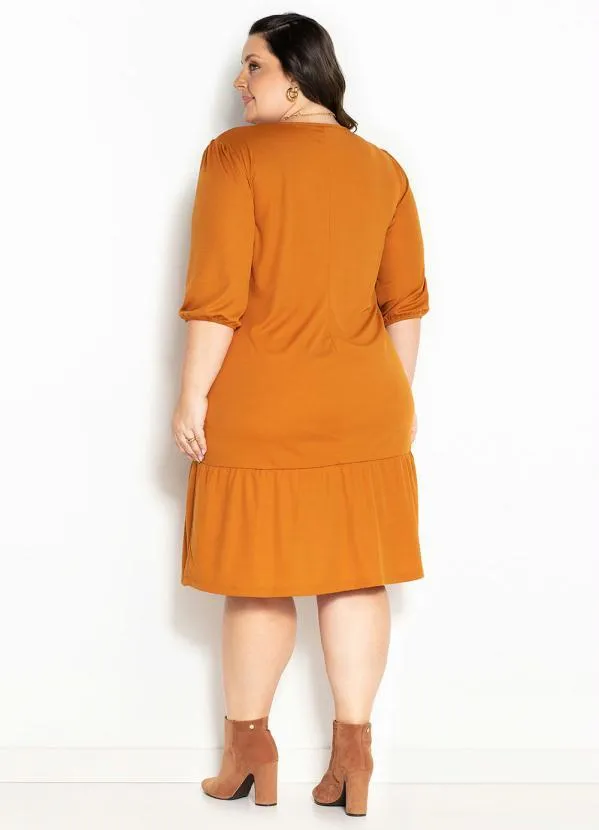 Marguerite - Vestido Caramelo com Franzido e Mangas Plus Size