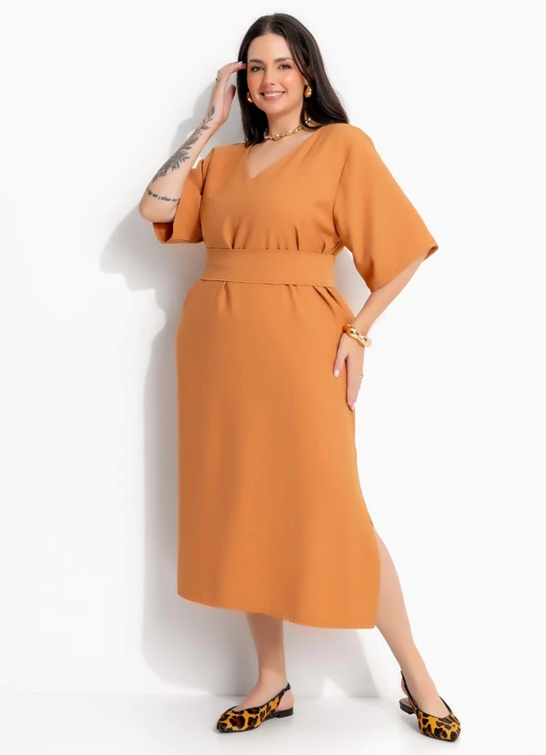 Marguerite - Vestido Caramelo Midi em Tecido de Alfaiataria
