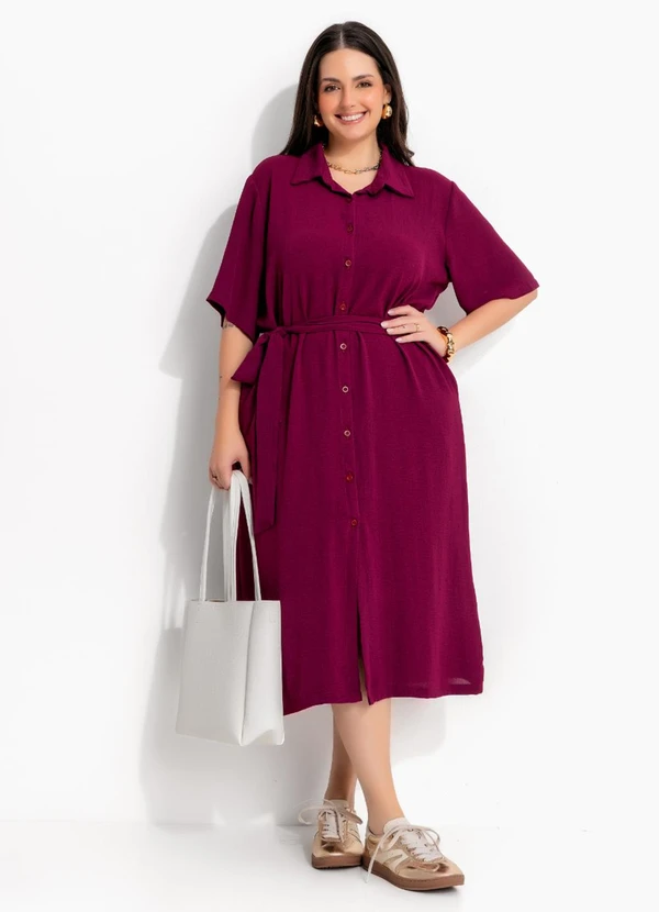 Marguerite - Vestido Chemise Vinho de Botão em Tecido Texturizado