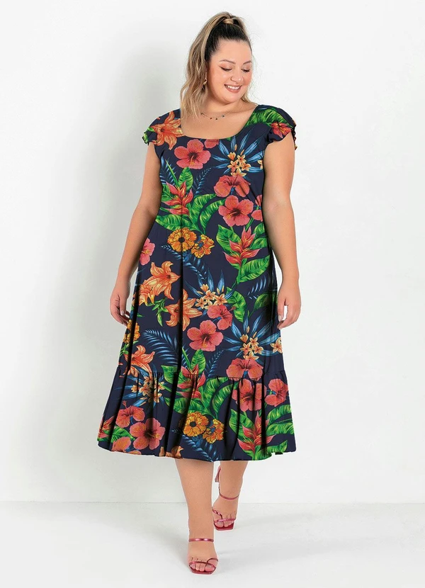 Marguerite - Vestido com Babado Floral Marinho Plus Size 2