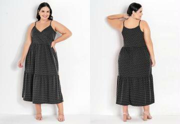 Vestido com Babado Plus Size Po Preto