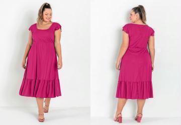 Vestido com Babados Midi Pink Plus Size