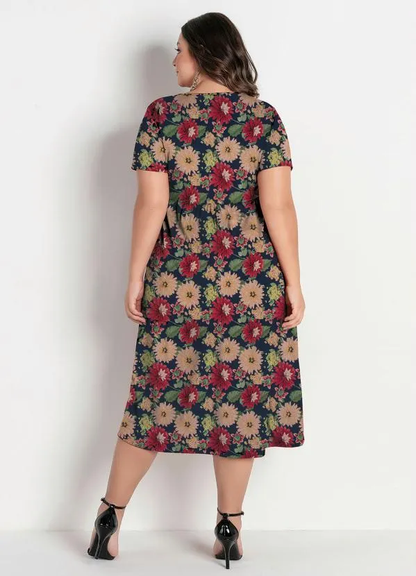 Marguerite - Vestido com Babados Plus Size Floral Marinho 1