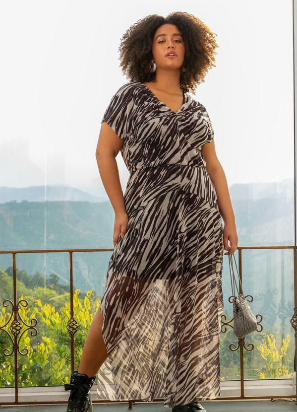 Lisamour Vestido em Tule Animal Print Bege