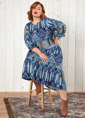 Marguerite - Vestido Étnico Azul com Gota no Decote Plus Size - MARGUERITE