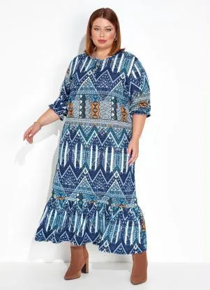 Marguerite - Vestido Étnico Azul com Gota no Decote Plus Size - MARGUERITE