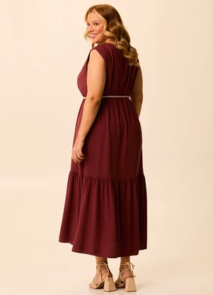 Malwee - Vestido Evasê Mídi com Amarração Bordô - MALWEE