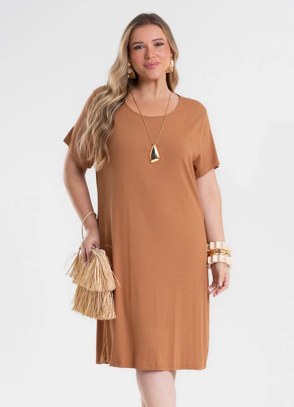 Secret Glam - Vestido Feminino Curto Canelado Plus Size Marrom