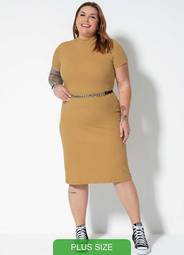 Cativa Plus Size - Vestido Feminino Plus Canelado Bege