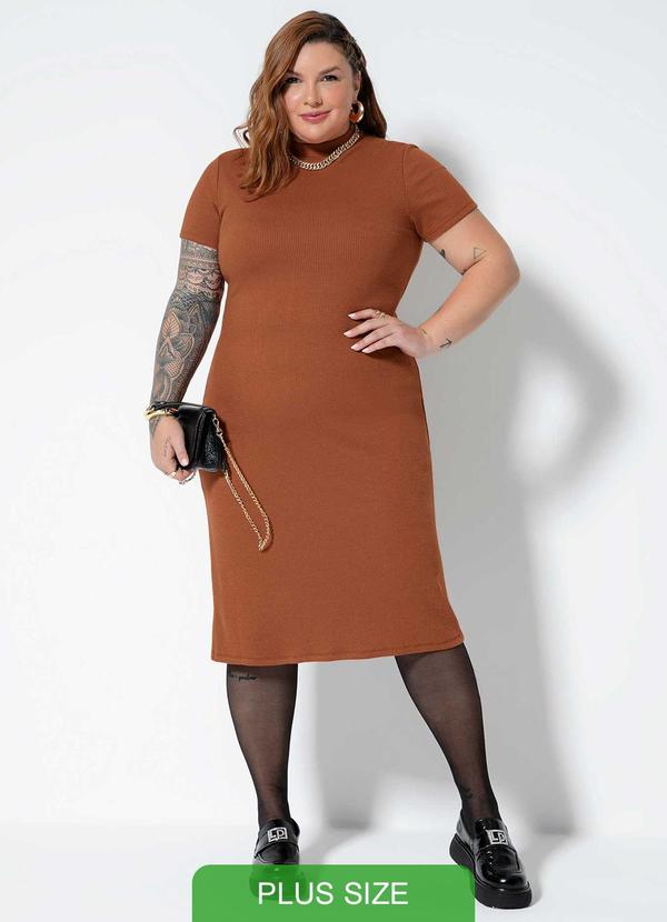 Cativa Plus Size - Vestido Feminino Plus Canelado Marrom