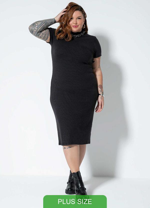 Cativa Plus Size - Vestido Feminino Plus Canelado Preto