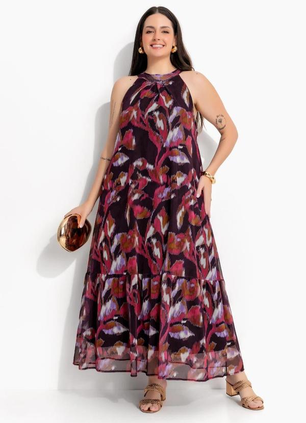 Vestido Flloral Borrado Vermelho em Tule