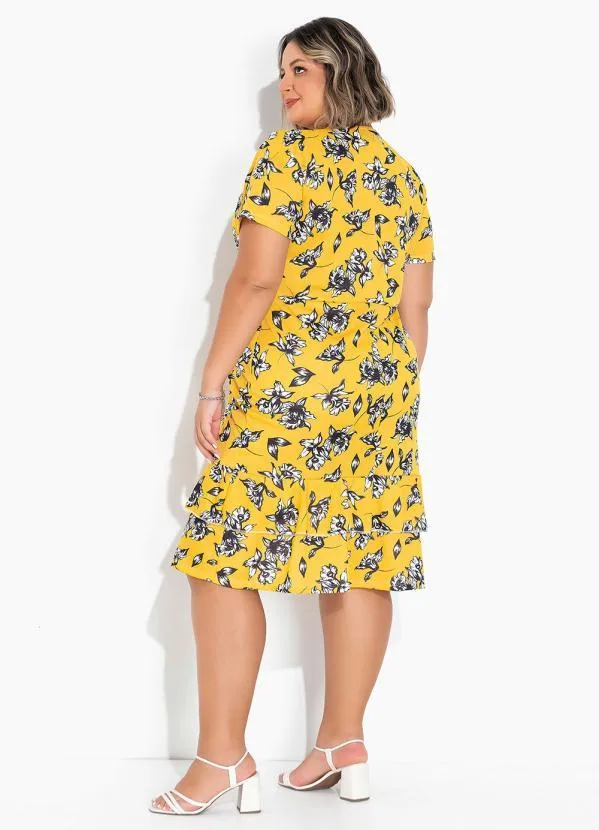 Marguerite - Vestido Floral Amarelo com Babado Plus Size