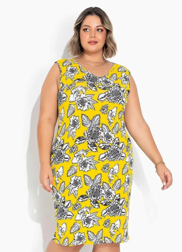 Vestido Floral Amarelo com Babado Plus Size Marguerite