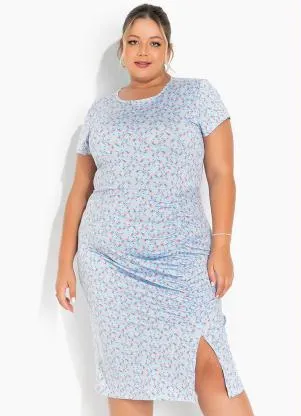 Marguerite - Vestido Floral Azul com Fenda Plus Size - MARGUERITE
