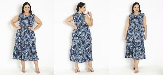 Vestido Floral Azul com Franzidos Plus Size