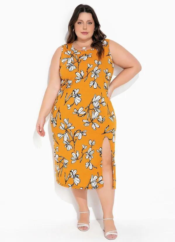 Marguerite - Vestido Floral Caramelo com Fenda Plus Size 1