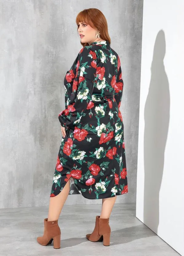 Marguerite - Vestido Floral com Gola e Manga Longa Plus Size