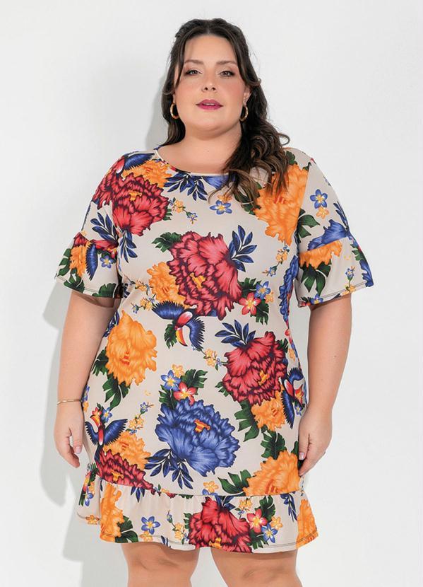 Queima Estoque - Vestido Floral com Mangas e Babados Plus Size