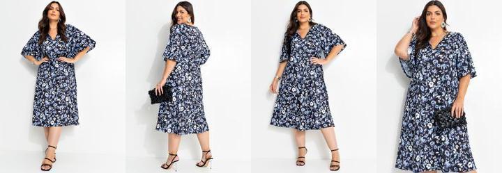 Vestido Floral Dark Azul em Jersey Acetinado