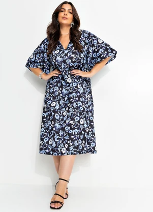 Marguerite - Vestido Floral Dark Azul em Jersey Acetinado - MARGUERITE