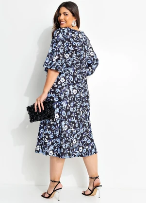 Marguerite - Vestido Floral Dark Azul em Jersey Acetinado - MARGUERITE