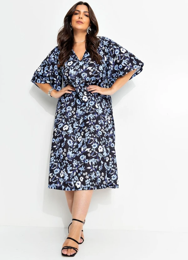 Marguerite - Vestido Floral Dark Azul em Jersey Acetinado 4