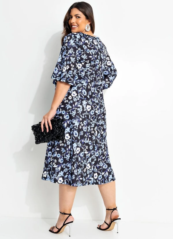 Marguerite - Vestido Floral Dark Azul em Jersey Acetinado 3