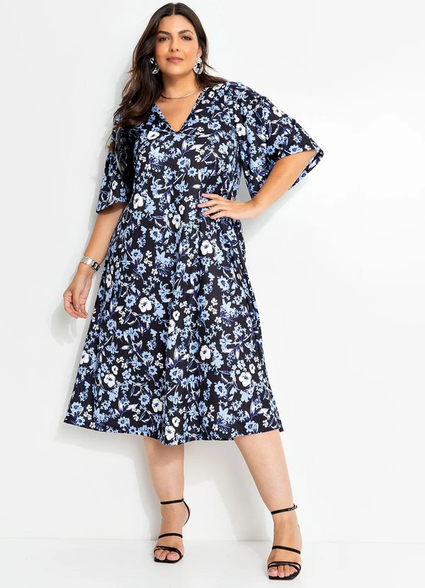 Marguerite - Vestido Floral Dark Azul em Jersey Acetinado 2