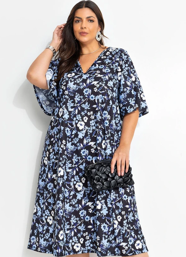 Marguerite - Vestido Floral Dark Azul em Jersey Acetinado 1