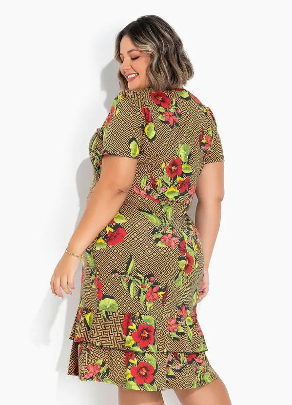 Marguerite - Vestido Floral e Geométrico com Babado Plus Size 3