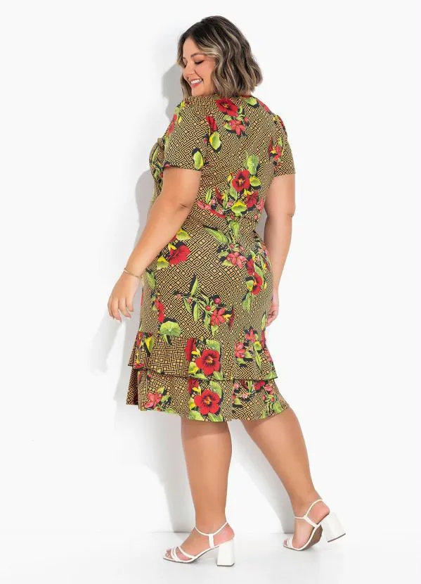 Marguerite - Vestido Floral e Geométrico com Babado Plus Size 1