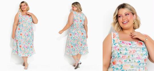 Vestido Floral e Listras de Saia Ampla Plus Size