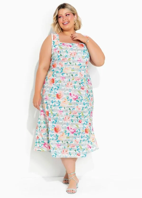 Marguerite - Vestido Floral e Listras de Saia Ampla Plus Size