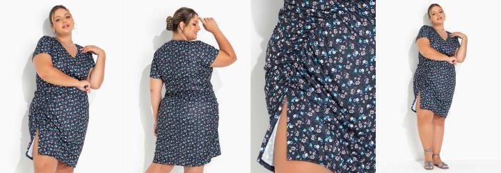 Vestido Floral Marinho com Franzido Plus Size