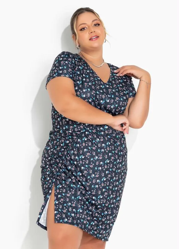 Marguerite - Vestido Floral Marinho com Franzido Plus Size