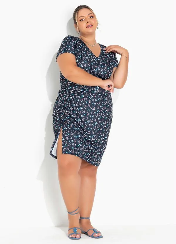 Marguerite - Vestido Floral Marinho com Franzido Plus Size 2